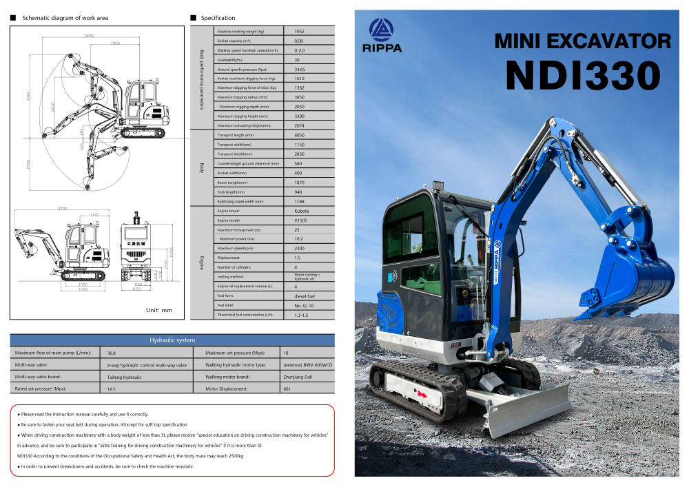 Mini-pelle de 2 tonnes avec moteur Kubota à cabine